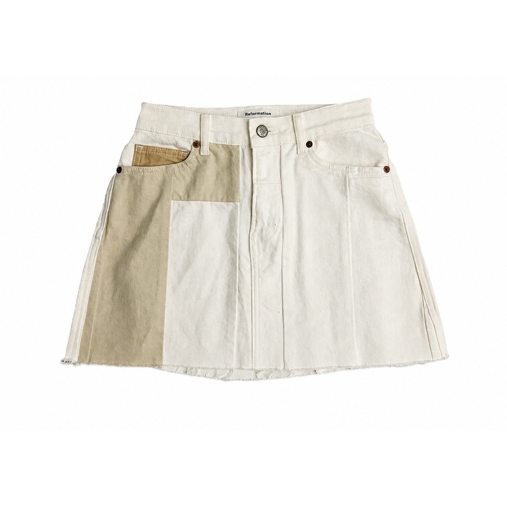 Reformation Lydia Patchwork Colorblock Denim‎ Mini Skirt High Rise Fray Size 25
